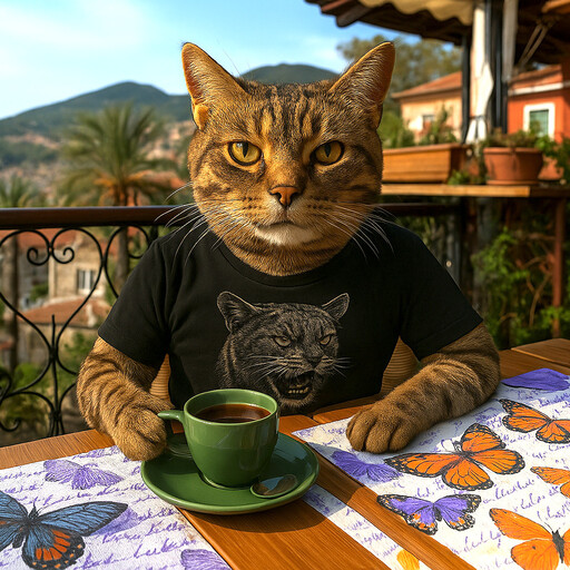 Alexxiy's avatar — a tabby cat in a black t-shirt having coffee on a sunny balcony
